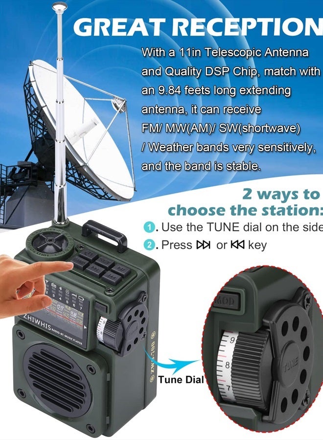 ZHIWHIS Shortwave Radio with Bluetooth and Sleep Timer, Weather AM FM SW Radios with NOAA Alerts, Retro Analog Tuner with Preset, Rechargeable MP3 Player with 6 EQ Support MicroSD Card ZWS-700 - Image 3