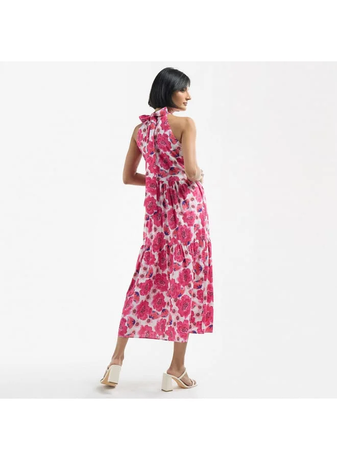 Splash FAV All-Over Floral Print Halter Neck Tiered Dress with Tie-Ups