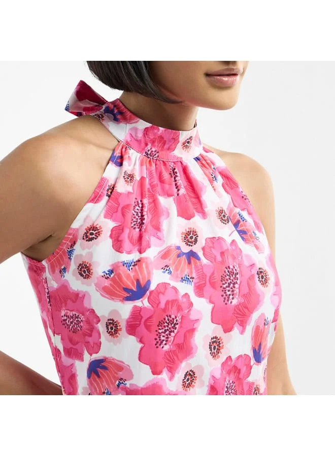 Splash FAV All-Over Floral Print Halter Neck Tiered Dress with Tie-Ups