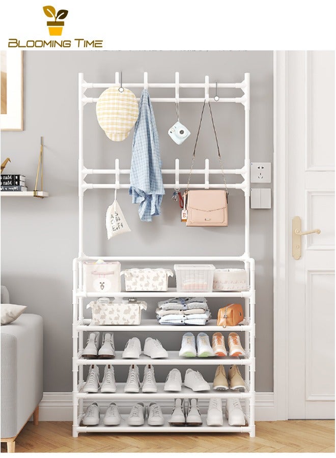 بلومنغ تايم حامل ملابس بسيط، حامل ملابس متعدد الوظائف، رف تخزين بسيط، رف أحذية منزلي بسيط بخمسة طوابق، رف تخزين متعدد الطوابق، حامل أحذية وقبعات متكامل، أبيض - Image 2