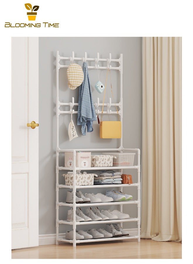 بلومنغ تايم حامل ملابس بسيط، حامل ملابس متعدد الوظائف، رف تخزين بسيط، رف أحذية منزلي بسيط بخمسة طوابق، رف تخزين متعدد الطوابق، حامل أحذية وقبعات متكامل، أبيض - Image 1