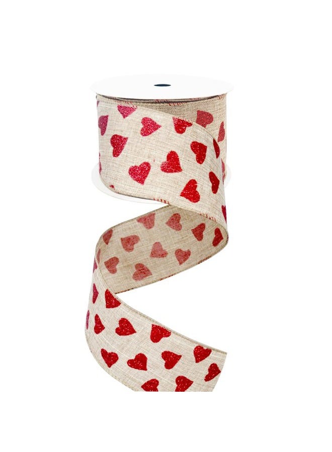 Threetols Valentine's Day Heart Fabric Wired Ribbon, 2.5" 10 Yards Natural Ribbons Red Glitter Ribbons Heart Wired Edge Wrapping Ribbon for Home Decor, Gift Wrapping, Tree Bows, Wreath, Wedding, DIY Crafts - Image 1