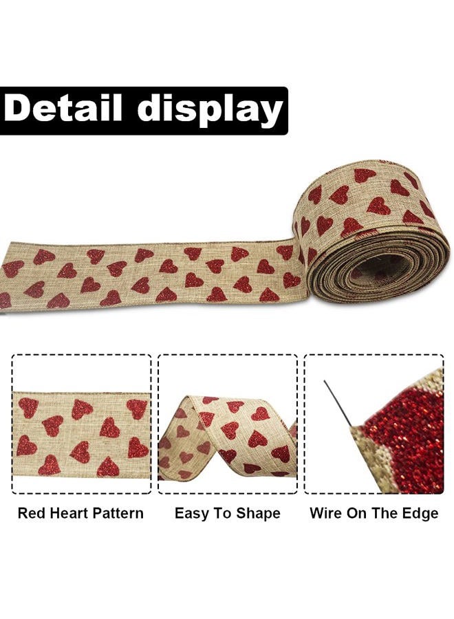 Threetols Valentine's Day Heart Fabric Wired Ribbon, 2.5" 10 Yards Natural Ribbons Red Glitter Ribbons Heart Wired Edge Wrapping Ribbon for Home Decor, Gift Wrapping, Tree Bows, Wreath, Wedding, DIY Crafts - Image 3