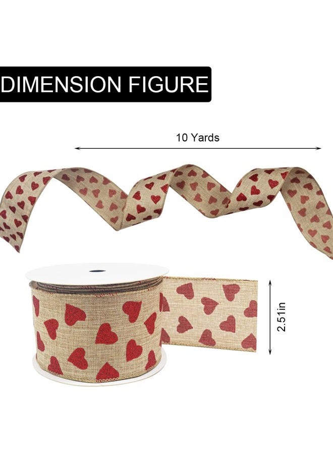 Threetols Valentine's Day Heart Fabric Wired Ribbon, 2.5" 10 Yards Natural Ribbons Red Glitter Ribbons Heart Wired Edge Wrapping Ribbon for Home Decor, Gift Wrapping, Tree Bows, Wreath, Wedding, DIY Crafts - Image 2