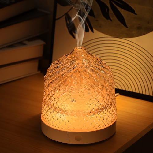 Lecdura Glass Essential Oil Diffuser, 200ml Ultrasonic Aroma Diffusers with Glass Reservoir Dome & White Plastic Base Lock Color Auto-Off Timer 7 Color Light for Home Office Bedroom Yoga - Image 1