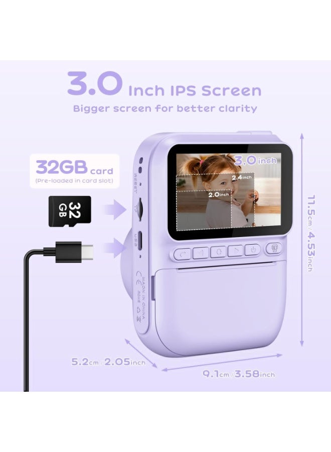 كاميرا أطفال، طباعة فورية بدقة 1080P، كاميرتين، فيديو وصور، شاشة IPS LCD بحجم 2.4 إنش، بطارية مدمجة بسعة 1800 مللي أمبير، بطاقة TF بسعة 32 جيجابايت، هدية عيد ميلاد ومهرجان للأطفال - Image 2