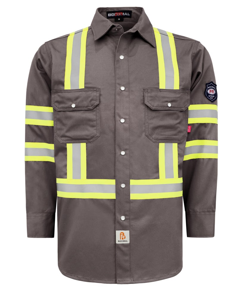 BOCOMAL FR Shirts Hi Vis/High Visibility Flame Resistant/Fire Retardant Shirt 7.5oz Gray FR Shirts for Men