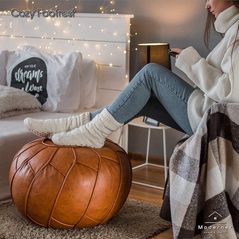 Moderner Faux Leather Pouf Unstuffed Ottoman Moroccan Footstool, Floor Footrest Cushion, Storage Solution - Natural Brown Color - Image 4