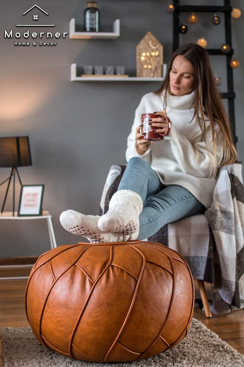 Moderner Faux Leather Pouf Unstuffed Ottoman Moroccan Footstool, Floor Footrest Cushion, Storage Solution - Natural Brown Color - Image 2
