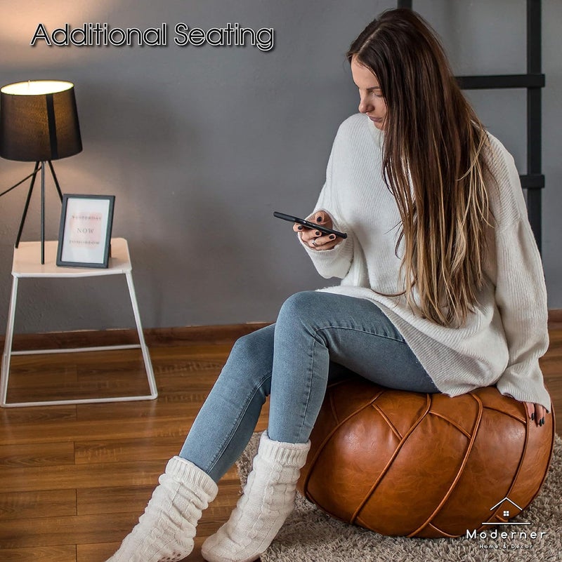 Moderner Faux Leather Pouf Unstuffed Ottoman Moroccan Footstool, Floor Footrest Cushion, Storage Solution - Natural Brown Color - Image 5