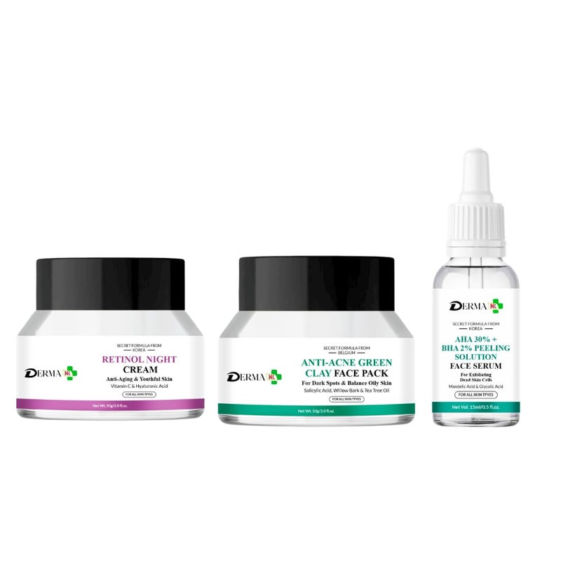 DERMAKR DERMA KR Anti Aging Brightning Cream50gm Green tea Clean Clear Face Pack50gm 2 Scilicylic acid Face serum 15Ml Pack of 3 - Image 1