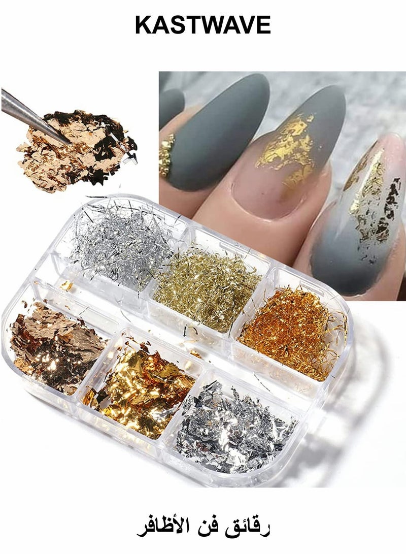 KASTWAVE Nail Art Foil Flakes, 6 Colors Nail Foil Flakes Glitters, Foil Nail Chip Glitter Mixed Color Nail Foil Paillette 3D Glitter Decoration DIY Design Accessories for Nail DIY/Makeup/Graft/Nail Art - Image 1