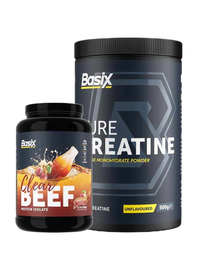 Basix عرض بوندي الحصري - بروتين لحم البقر المعزول بنكهة الكولا الكرزية 2.2 رطل وكرياتين نقي بدون نكهة 500 جرام - Image 1