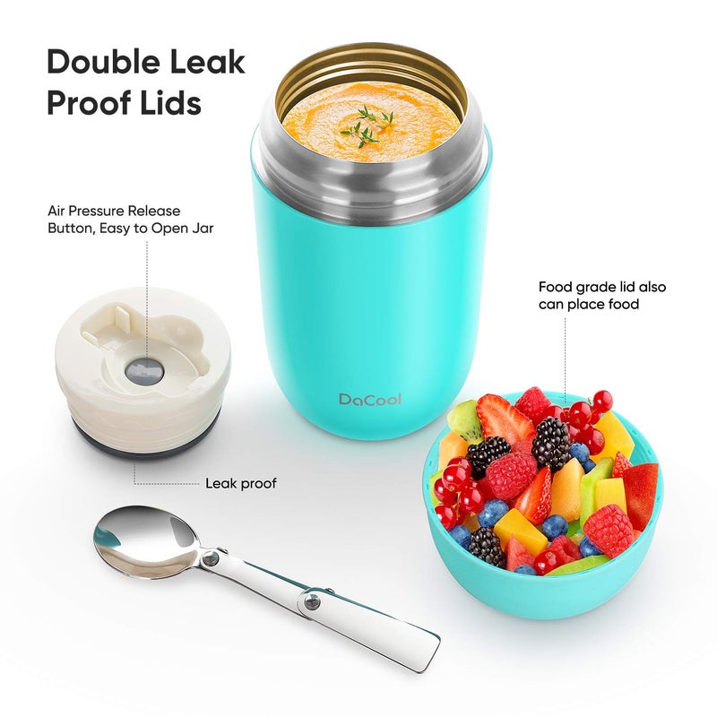 DaCool Insulated Lunch Container Hot Food Jar 24 oz Stainless Steel Vacuum Bento Lunch Box for Adult with Spoon Leak Proof Hot Food Insulated Container for Office Picnic Travel Outdoors, Cyan Blue - Image 2