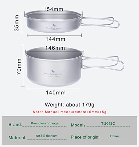 usharedo Portable Mug Titanium Pot Pan Set with Folding Handles Camping Hiking Outdoor Cup Tableware ti2042c - Image 2