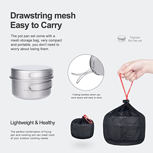 usharedo Portable Mug Titanium Pot Pan Set with Folding Handles Camping Hiking Outdoor Cup Tableware ti2042c - Image 3