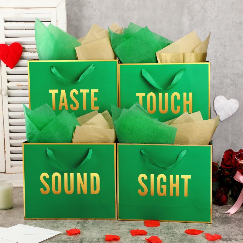 Kolldenn 5 Senses Gift Bags for Him Her Five Senses Gift Bag with Ribbon Handles and Tissue Paper Present Wrappings for Valentine Wedding Birthday Mothers Day(Green,11.8 x 10 x 4 Inch) - Image 4