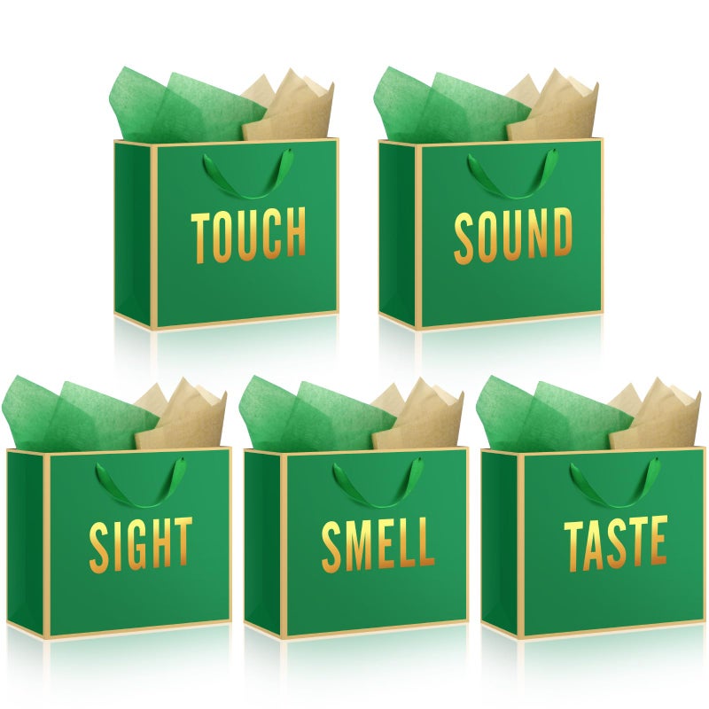 Kolldenn 5 Senses Gift Bags for Him Her Five Senses Gift Bag with Ribbon Handles and Tissue Paper Present Wrappings for Valentine Wedding Birthday Mothers Day(Green,11.8 x 10 x 4 Inch) - Image 1