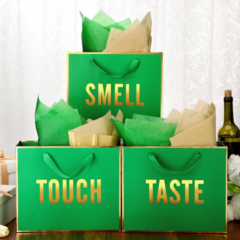Kolldenn 5 Senses Gift Bags for Him Her Five Senses Gift Bag with Ribbon Handles and Tissue Paper Present Wrappings for Valentine Wedding Birthday Mothers Day(Green,11.8 x 10 x 4 Inch) - Image 3