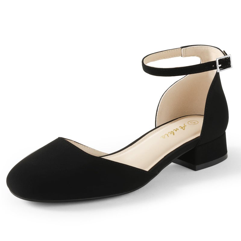 Ankis Black Closed Toe Heels for Women, 1 Inch Women's Flats Low Block Heel Women Dress Shoes Womens Pumps Work Shoes with Ankle Strap for Spring Fall - Image 1