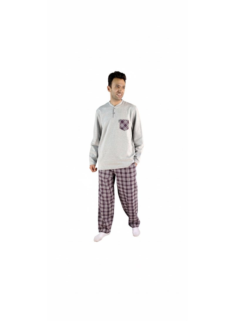Jet Men Winter Pajama Set Long Sleeve & Carreau Bottom-Grey