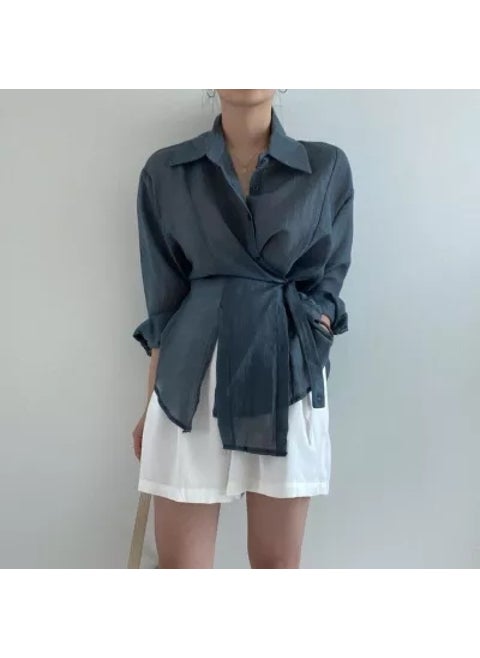 ChicDesign Sensibility Irregular Button Lapel Long Sleeve Shirt Thin Elegant Simple Top Womens Slim Fit Shirt With Button Ash
