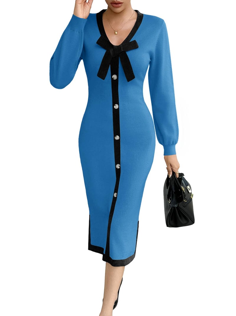 Wenrine Womens V Neck Sweater Dress Fall Long Sleeve Button Knit Bodycon Color Block Bow Tie Elegant Midi Dresses Blue - Image 1