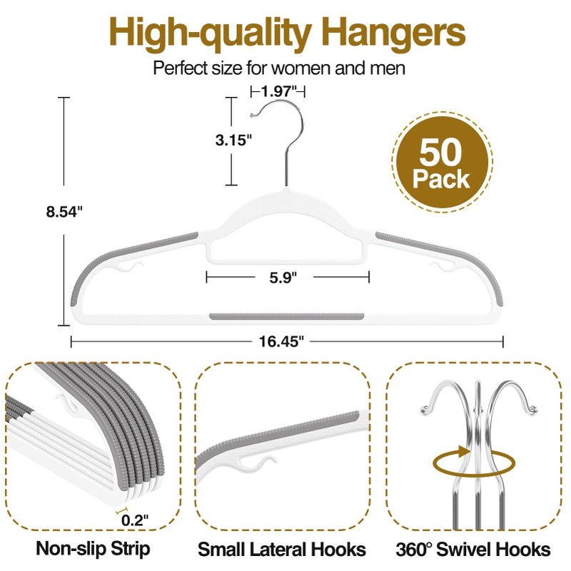 UEAKPIC Plastic Hangers 50 Pack, 16.5 in Heavy Duty Clothes Hangers with 360Â° Swivel Hook, Non-Slip Bar & 0.2" Ultra-Slim Space-Saving Organizers for Coats, Pants, Suits, Shirts, White & Dark Gray - Image 2