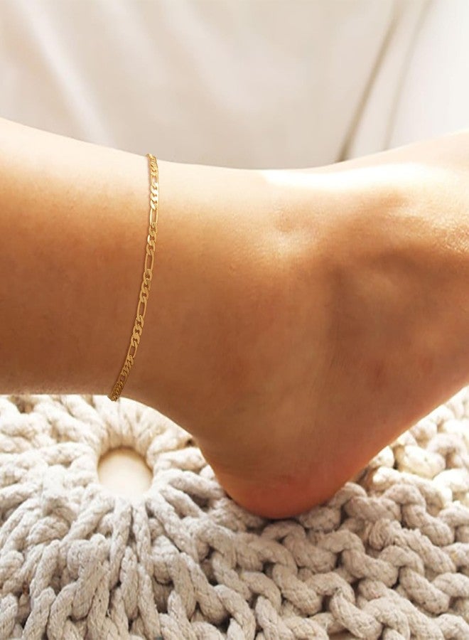 MEVECCO Gold Anklet for Women 14K Gold Plated Figaro Chain Anklet Handmade Cute Dainty Thin Anklets for Women - Image 3