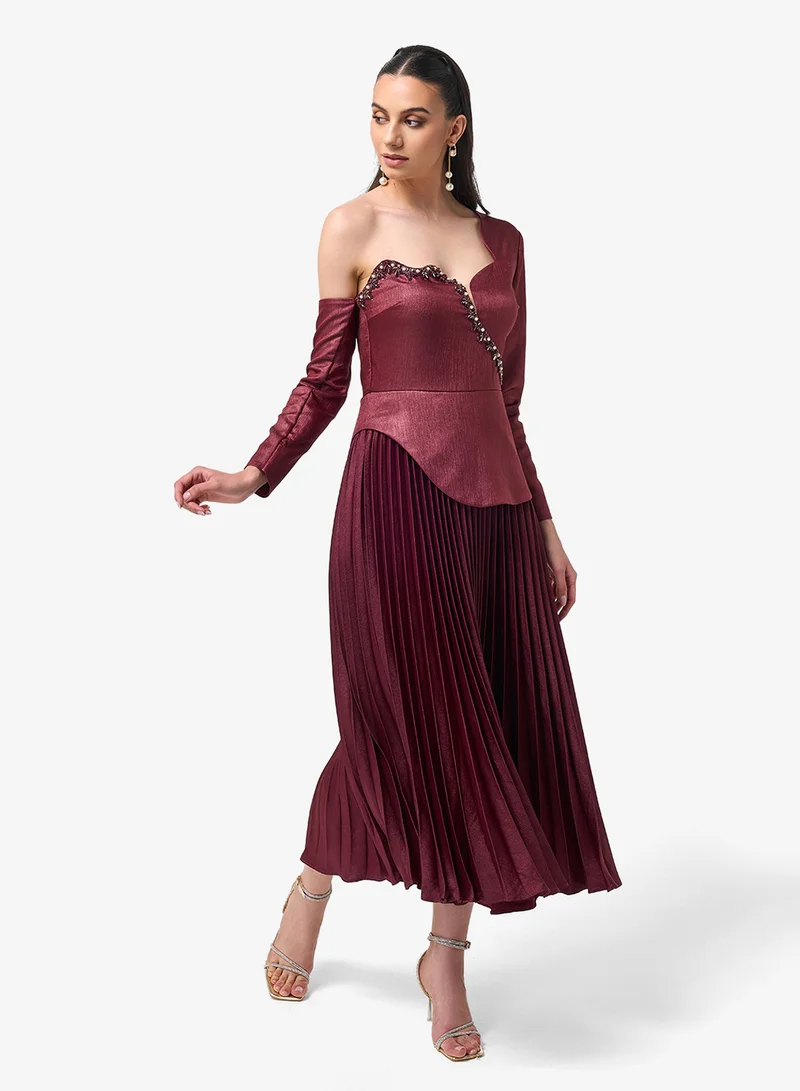 Threadz by Ajooni  One Shoulder Plisse Midi Dress for Women | Best Price UAE