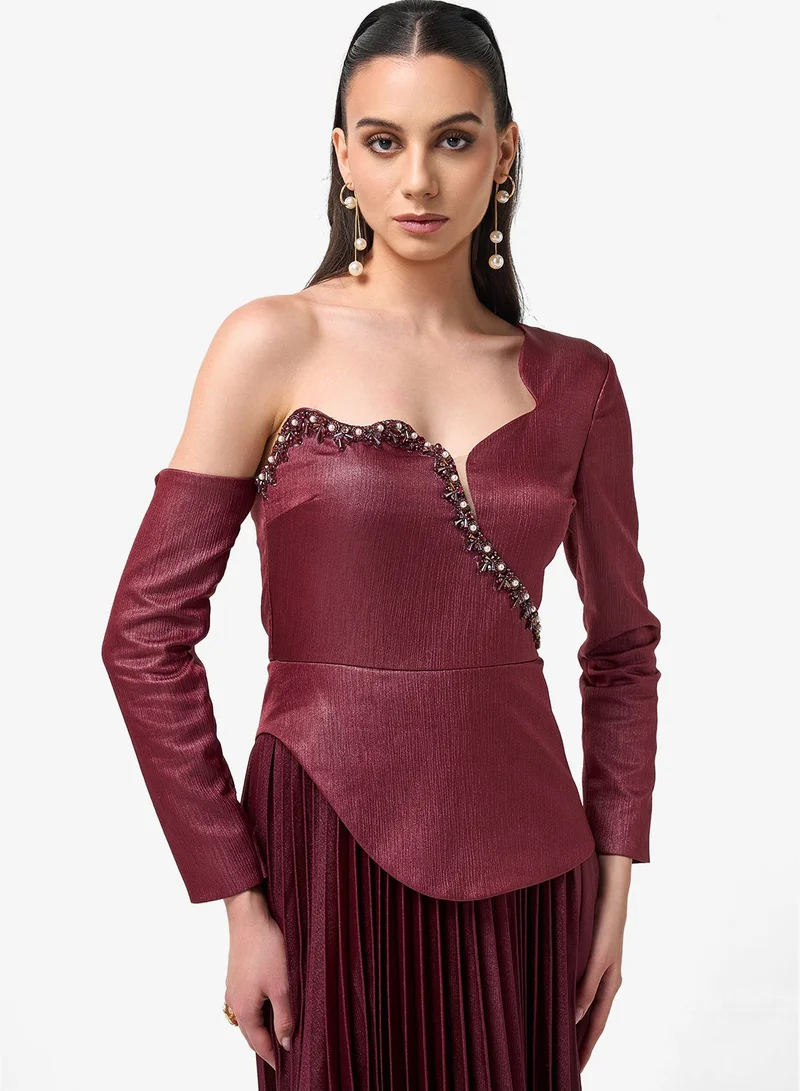 Threadz By Ajooni  One Shoulder Plisse Midi Dress for Women | Best Price UAE