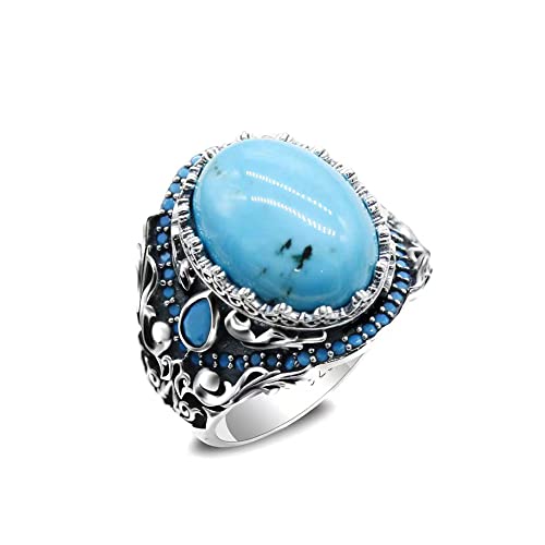Artever 925 Sterling Silver Ring for Men Turquoise/Agate/Cubic Zircon/Kyanite Gemstone Ring Vintage Turkish Style Handmade Jewelry for Men Turquoise 8 - Image 3
