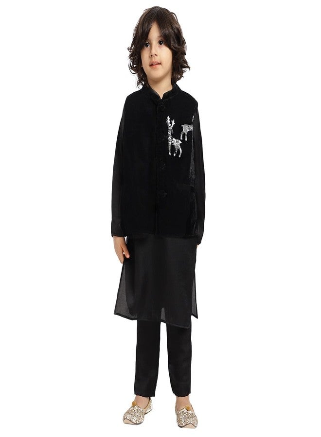 Piccolo, Silk Blend Embroidered Kurta Pyjama Set, Ethnic Wear, Full Sleeves Kurta and Pyjama/Pajama, Traditional Dress for Boys Kids (Color - Black) - Image 1