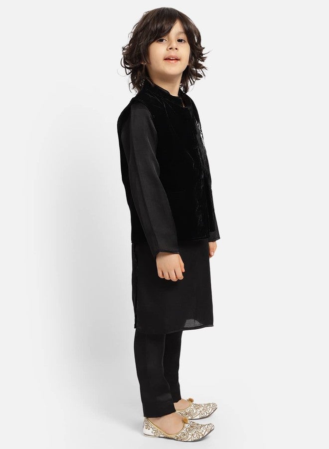 Piccolo, Silk Blend Embroidered Kurta Pyjama Set, Ethnic Wear, Full Sleeves Kurta and Pyjama/Pajama, Traditional Dress for Boys Kids (Color - Black) - Image 2