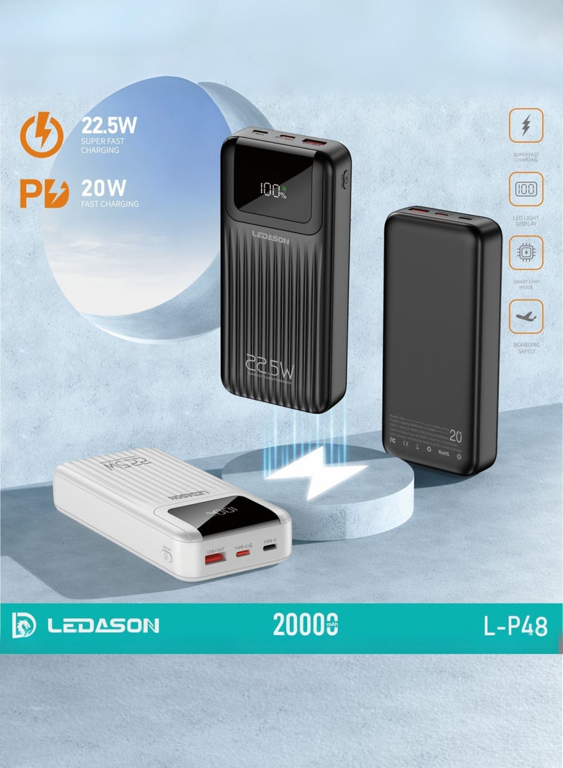 20000mAh Power Bank | 22.5W Fast Charging, 1 USB & 2 PD Port, Smart Screen Display – Compatible with iPhone, Android and Tablets and more