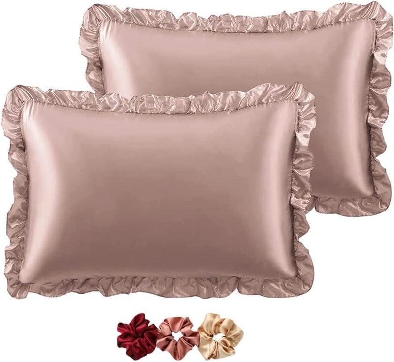 GO WELL Ruffle Satin Pillowcase for Hair and Skin, Standard Size Satin Pillow Covers Silky Pillow Cases Set of 2, Satin Ruffled Pillowcase with Envelope Closure,Silk Pillow case(Rose Taupe) 1000TC - Image 1