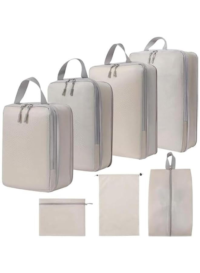 ميكسد مكعبات التعبئة للسفر - 7 مجموعات من حقائب تنظيم الأمتعة للعائلة، مكعبات تعبئة شبكية مسامية لحقائب السفر، مجموعة حقائب متينة لأساسيات السفر، حقائب حمل (بيج) - Image 1