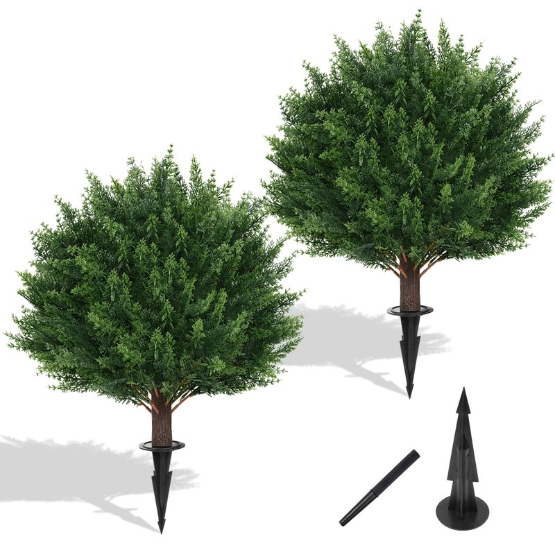 Yangrass Artificial Set of 2 Cedar Topiary Ball Trees 23" for Outdoors with Ground Spike, UV Resistant Faux Cypress Plants, Evergreen Shrubs Bushes for Front Porch Garden Backyard Decor - Image 1
