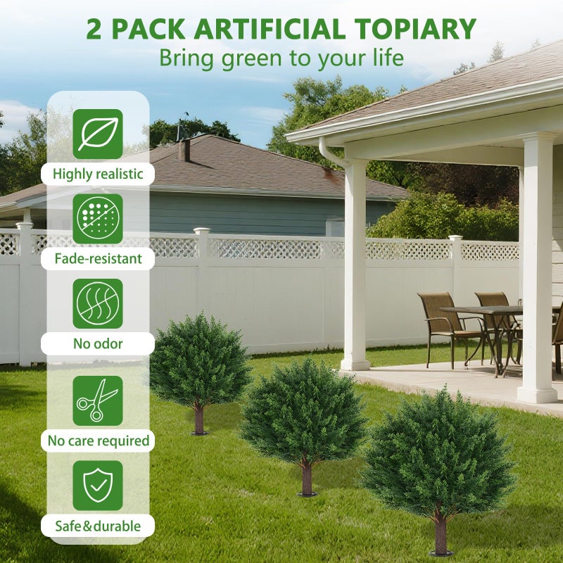 Yangrass Artificial Set of 2 Cedar Topiary Ball Trees 23" for Outdoors with Ground Spike, UV Resistant Faux Cypress Plants, Evergreen Shrubs Bushes for Front Porch Garden Backyard Decor - Image 3