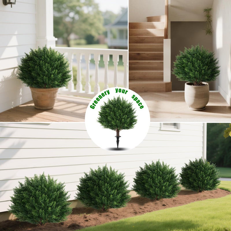 Yangrass Artificial Set of 2 Cedar Topiary Ball Trees 23" for Outdoors with Ground Spike, UV Resistant Faux Cypress Plants, Evergreen Shrubs Bushes for Front Porch Garden Backyard Decor - Image 4