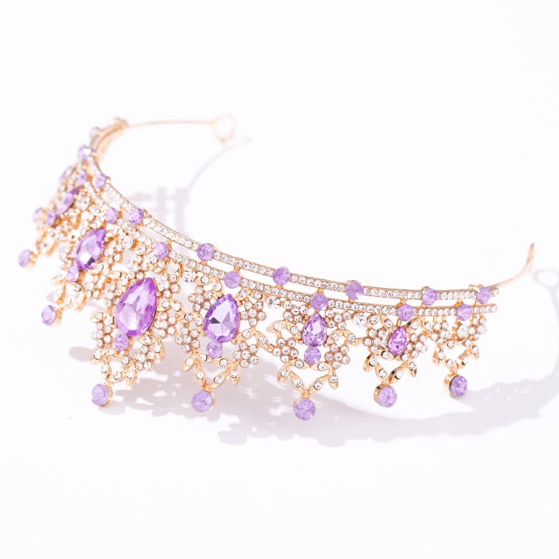 FORSEVEN Crystal Tiaras for Women, Wedding Tiaras and Crowns for Women Tiara for Girls Birthday Party Princess Crown Hair Accessories Bride Rhinestone Headbands (Gold+Light Purple) - Image 4