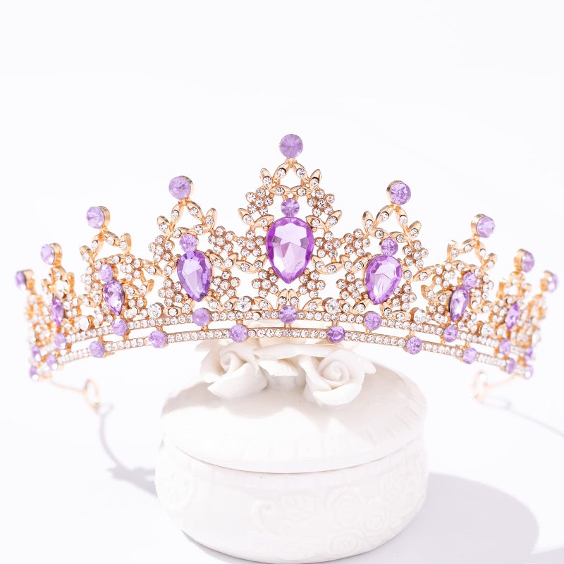 FORSEVEN Crystal Tiaras for Women, Wedding Tiaras and Crowns for Women Tiara for Girls Birthday Party Princess Crown Hair Accessories Bride Rhinestone Headbands (Gold+Light Purple) - Image 2