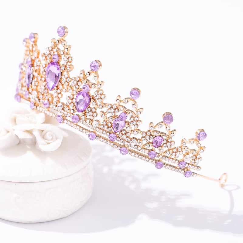 FORSEVEN Crystal Tiaras for Women, Wedding Tiaras and Crowns for Women Tiara for Girls Birthday Party Princess Crown Hair Accessories Bride Rhinestone Headbands (Gold+Light Purple) - Image 3