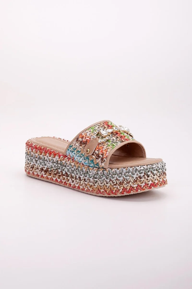 Dilimler Ayakkabı Straw Wrapped Sole Stone Nude Women's Wedge Heel Slippers