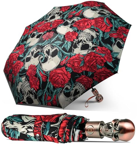 Lejorain Compact Portable Skull Umbrella - Automatic Strong Collapsible Wind Resistant Backpack Umbrellas Luxury Gift Travel Umbrella for Mens - Image 1