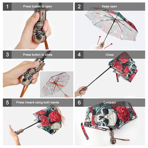 Lejorain Compact Portable Skull Umbrella - Automatic Strong Collapsible Wind Resistant Backpack Umbrellas Luxury Gift Travel Umbrella for Mens - Image 4