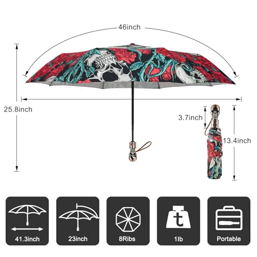 Lejorain Compact Portable Skull Umbrella - Automatic Strong Collapsible Wind Resistant Backpack Umbrellas Luxury Gift Travel Umbrella for Mens - Image 3