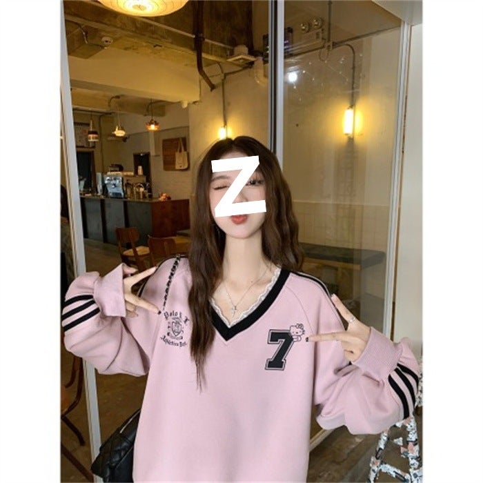 Real Shot 2024 Korean Style Jersey Style Loose Casual Sweater Womens Lace Stitching Color Contrast Striped Long Sleeve Top Light apricot - Image 3