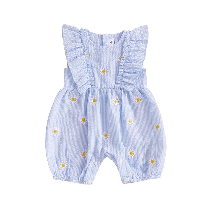 FOCUSNORM Newborn Baby Girl Summer Clothes Daisy Flying Sleeve Jumpsuit Romper Ruffle Onesie Infant Outfit 3 6 12 18 Months (Daisy Blue, 3-6 Months) - Image 1