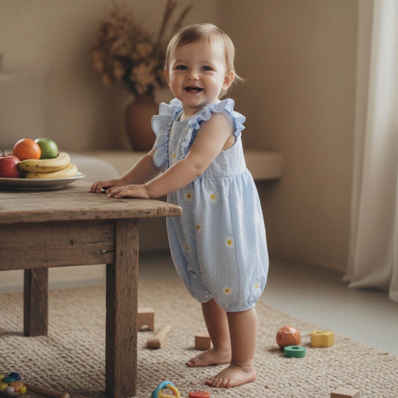 FOCUSNORM Newborn Baby Girl Summer Clothes Daisy Flying Sleeve Jumpsuit Romper Ruffle Onesie Infant Outfit 3 6 12 18 Months (Daisy Blue, 3-6 Months) - Image 3